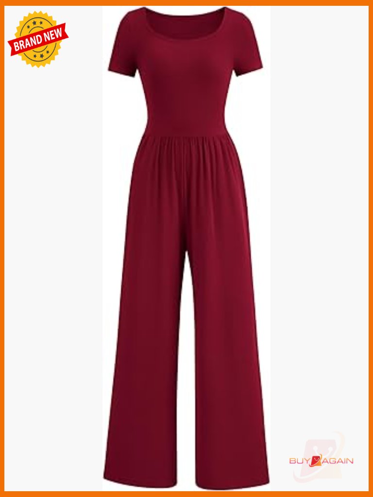 Women's Square Neck Short Sleeve Wide Leg Jumpsuit Romper Travel
